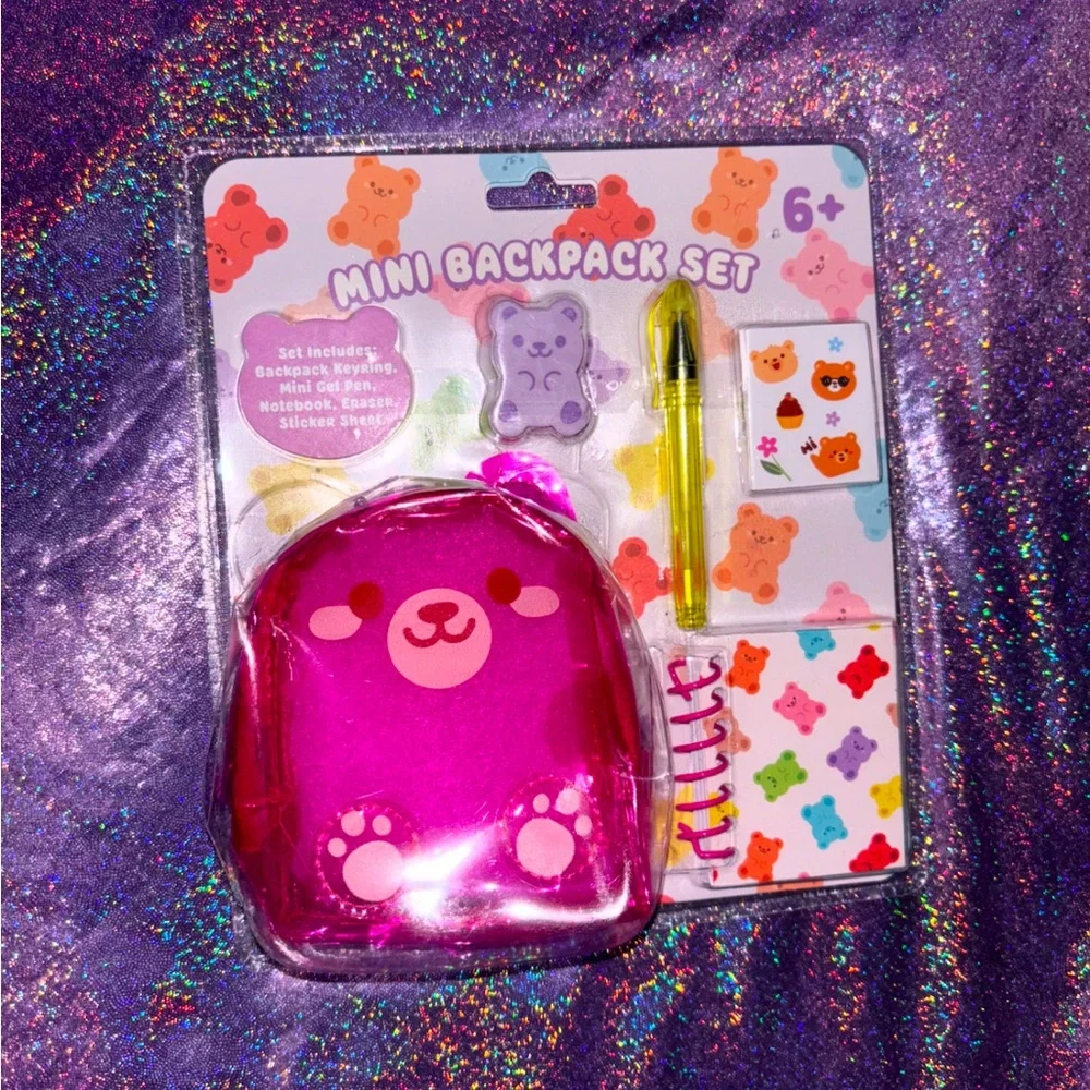 Pink Bear Mini Backpack Keychain Set